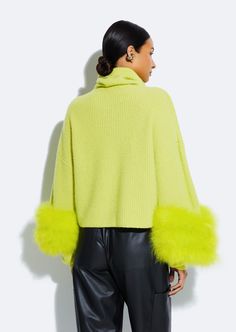 Featured In The Fall 2024 Collection This airy cashmere silk sweater features a relaxed silhouette with dolman sleeves and marabou feathers. Materials: 79% Cashmere, 21% Silk Trim: 100% Marabou Feathers Care: Professional Care Only Fit: True to Size Model is 5'10" and Wearing a S Marabou Feathers, Silk Sweater, Lime Yellow, Cashmere Turtleneck, Feather Dress, Runway Collection, Fall 2024, 2024 Collection, In The Fall