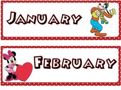 mickey mouse and minnie mouse name tags for the month of january, february, and march