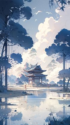 a painting of a pagoda in the middle of a forest with trees and clouds above it