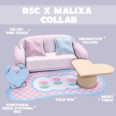 a couch, table and other furniture are labeled in this graphic representation for the dsc x mallxa collab