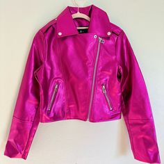 Faux Leather Metallic Pink Moto Jacket. Zipper Pockets, With Zipper Details At Cuff. Jacket Rack, Pink Moto Jacket, Pink Leather Jacket, Pink Iridescent, Jacket Zipper, Metallic Pink, Pink Jacket, Zipper Detail, Moto Jacket