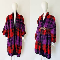 Such a cozy and slouchy fit, with a bold red & purple plaid knit on this open-front sweater jacket.  By IB Diffusion- tagged Sz. M but fits M-L. Big shoulder pads, can easily be removed for a more relaxed fit. Acrylic/nylon/mohair blend.  Condition: excellent.  FOLLOW US ON INSTAGRAM FOR DEALS AND SNEAK PEEKS! @Wildthingvintage instagram.com/wildthingvintage Twitter: @Wildthingpeck Message me any time for further details or questions. Please note there is a 10% restocking fee on orders cancelled prior to shipment. Returns are upon a case by case basis, and only if the item is not as described. I will happily expedite or overnight shipping at cost upon request. Standard shipping to the US and Canada is 2 weeks. Interested in more than one treasure? Message me for a discount on multiple orde Oversized Purple Outerwear For Fall, Oversized Plaid Sweater For Winter, Oversized Purple Cardigan For Fall, Oversized Purple Fall Cardigan, Cozy Oversized Purple Outerwear, Oversized Plaid Winter Cardigan, Oversized Plaid Cardigan For Winter, Oversized Plaid Sweater For Fall, One Size Purple Winter Outerwear