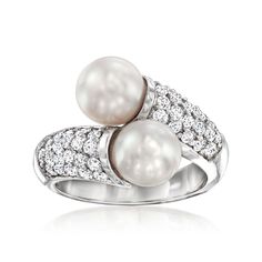 Ross-Simons - 7.5-8mm Cultured Pearl, .87ct t. w. Diamond Bypass Ring in 14kt White Gold. Size 5. Our breathtaking bypass ring flaunts 7.5-8mm cultured freshwater pearls on a shimmering band studded with .87 ct. t. w. round brilliant-cut diamonds. Finely crafted in polished 14kt white gold. 1/2" wide. Diamond and white pearl bypass ring. Pearl birthstones are the perfect gift for June birthdays. Pearl Birthstone, Ring Pearl, June Birthday, Bypass Ring, Freshwater Cultured Pearls, Round Brilliant Cut Diamond, Pearl Ring, Cultured Pearls, White Pearl