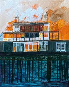 an oil painting of a building on top of a pier