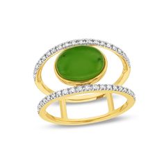 With elevated sophistication, this oval-shaped jade and diamond open-shank ring makes a lasting impression. 10K gold Showcases a sideways 10.0 x 8.0mm oval-shaped lush-green Nephrite jade Diamonds line the ribbons of the open shank 1/5 ct. t.w. of diamonds Modern Oval Jade Jewelry, Modern Oval Jade Ring, Nephrite Jade, Jade Jewelry, Lush Green, 10k Gold, Lush, Jade, Fine Jewelry