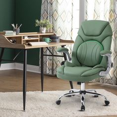 a green office chair sitting on top of a white rug in front of a desk