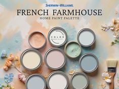 the french farmhouse paint palettes are all painted in different colors and sizes, along with a brush