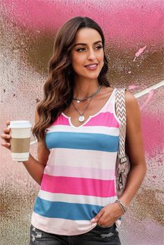 Add life to your wardrobe with this delightful pink and blue striped V-neck tank! This knit tank is perfect for a fun-filled day out, featuring a stripe pattern of blue, pink, and white, making it a cheerful pick for any summer outfit. Get it before it goes out of stock! Mild stretch, true fit. US Size Chart Sizes Bust Hem S 36 39 M 38 41 L 40 43 XL 43 45 Lisa Fischer, Notched Neckline, Sleeveless Tops Summer, Color Block Design, Colour Blocking, V Neck Tank Top, Striped Tank Top, Casual Tank Tops, Block Design