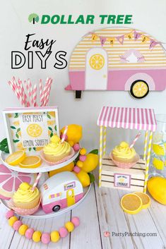 a table topped with cupcakes and lemonade next to a sign that says dollar tree diy's