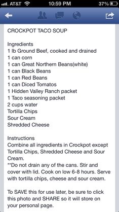 an iphone screen showing the recipe list for crockpot taco soup on it