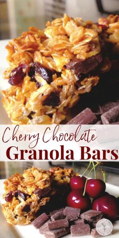 cherry chocolate granola bars are stacked on top of each other