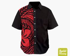 "IF YOU NEED YOUR ITEMS TO ARRIVE BY SPECIFIC DATE PLEASE UPGRADE TO EXPRESS SHIPPING AT THE CART. This gorgeous Hawaiian/Polynesian short sleeve men's black dress shirt is featuring red tribal design on black background. If you would rather this shirt was in another color or combination of colors please get in touch and let me know and I will do my best to accommodate you. This unique and eye catching men's dress shirt with short sleeves is the perfect shirt for daytime or evening casual wear. Fitted Black Hawaiian Shirt With Short Sleeves, Fitted Black Printed Hawaiian Shirt, Black Hawaiian Shirt With Graphic Print, Black Hawaiian Printed Shirt, Black Cotton Hawaiian Shirt, Black Button Up Shirt Men, Black Dress Shirt Men, Button Up Shirt Men, Black Dress Shirt