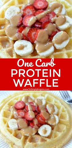 waffles with peanut butter and strawberries on top are shown in this collage