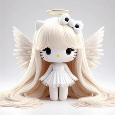 a white doll with long blonde hair and angel wings