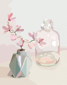 a vase with pink flowers in it next to a glass jar