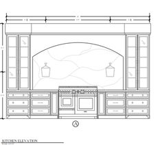 the kitchen design is shown with an oven, cabinets and cupboards on each side