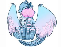 a drawing of a dragon holding a bubble in it's mouth with its wings spread