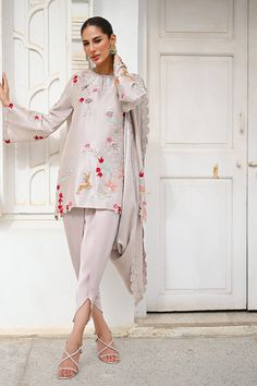 Silk Kurta With Floral Embroidery For Party, Elegant Raw Silk Blouse With Floral Embroidery, Formal Festive Blouse Piece With Floral Embroidery, Formal Silk Embroidered Fabric, Elegant Silk Blouse Piece With Dabka Work, Elegant Silk Embroidered Fabric With Sheer Dupatta, Elegant Embroidered Fabric With Sheer Dupatta For Eid, Elegant Embroidered Blouse Piece For Eid, Party Wear Dupatta With Floral Embroidery For Eid