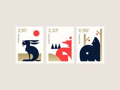 three stamps with animals on them and the number two is in red, white, and blue