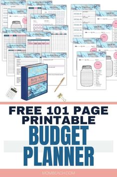 the free printable budget planner for moms is shown in blue and pink colors