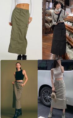 Long Green Cargo Skirt Outfits, Long Green Skirt Outfit Winter, Styling Cargo Skirt, Cargo Skirt Midi Outfit, Long Skirt Cargo, Midi Cargo Skirt, Cargo Skirt Style, Y2k Skirts Long