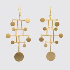 Swinging mobile drops earrings with circular disc dangles. Lots of movement! -approx. 2 3/4" long-french ear wires-EJ2236 Modern Dangle Chandelier Earrings, Modern Chandelier Dangle Earrings, Modern Yellow Gold Dangle Chandelier Earrings, Modern Nickel Free Long Drop Chandelier Earrings, Modern Nickel-free Long Drop Chandelier Earrings, Modern Brass Chandelier Earrings, Mobile Earrings, Ear Wires, Gold Plate