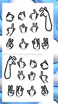 an image of various hand gestures drawn in black and white on blue watercolor paper