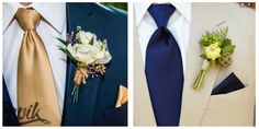 three different types of ties and boutonnieres are shown in this set up