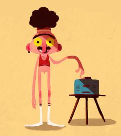 a cartoon character standing next to a small table with a toaster on it's side