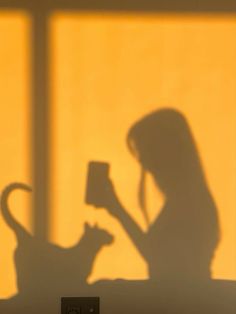 the shadow of a woman reading a book next to a cat on a table in front of a window