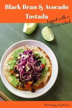 black bean and avocado tostada with cabbage salad