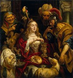 a painting of a woman surrounded by other people