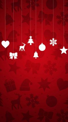 red christmas wallpaper with white ornaments and snowflakes hanging from the strings on it