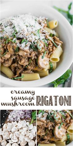 pasta with mushrooms and parmesan cheese in a white bowl