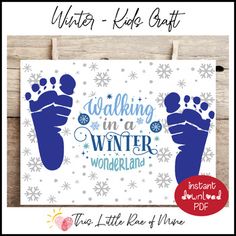 a card with the words walking in a winter wonderland and two feet on snowflakes