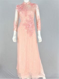 Pink Ao Dai Vietnamese Long Dress / Áo Dài Hồng Hoa 3D Long Sleeve Lace Evening Dress For Spring, Long Pink Embellished Dress, Long Evening Gown For Spring, Pink Ao Dai For Evening Spring Events, Spring Evening Pink Ao Dai, Ao Dai Vietnamese, Long Dress, Cocktail Dress, Dresses With Sleeves