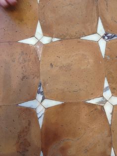 a close up of a person's hand on a tiled floor with white and brown tiles