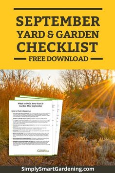 a yard and garden checklist is shown with the sun shining over it in the background