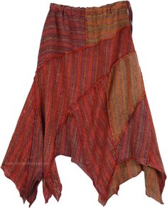 The perfect skirt for a sweaty wanderer to beat the summer heat! A fun and lightweight cotton asymmetrical hem hippie patchwork skirt. The patchwork is in mixed hues of copper and rust to create a peaceful harmony. The patchwork is held together by blanket stitches. The drawstring on the waist ties to the side and gives the skirt flexibility across many sizes. The material is very light cotton, slightly sheer, that will be perfect for inland heat in the summers. This skirt has a free fall that a Summer Hippie Asymmetrical Skirt, Bohemian Handkerchief Hem Festival Bottoms, Bohemian Cotton Skirt With Handkerchief Hem, Bohemian Handkerchief Hem Bottoms For Beach, Bohemian Cotton Skirt With Asymmetrical Hem, Cotton Asymmetrical Skirt For Festival, Cotton Asymmetrical Skirt For Beach, Asymmetrical Cotton Skirt For Festival, Casual Asymmetrical Skirt With Patchwork