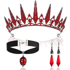 PRICES MAY VARY. Packing List: this set includes a striking black and dark red palace crown, a ruby collar, and a pair of red crystal diamond bat dangle earrings; The items are designed with copper and alloy materials to meet your halloween accessory needs absolutely; All these play into a good blend of gothic charm and style Gothic Crown: the beauty is in the details with this headwear set; The women's tiara is set with varying sizes of red crystals providing a distinct gothic chic style; Measu Vampire Bride Costume, Vampire Crown, Vampire Choker, Gothic Vampire Costume, Halloween Prom, Gothic Queen, Vampire Bride, Gothic Crown, Vampire Costumes