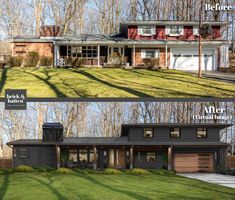 before and after photos of a house in the middle of a grassy area with trees