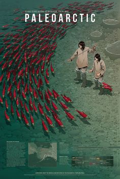 two people standing in the water surrounded by hundreds of red fish, with one holding a fishing rod