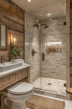 a bathroom with a walk in shower next to a white toilet and sink under a mirror