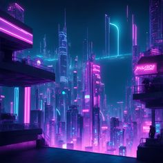 a futuristic city with neon lights in the night