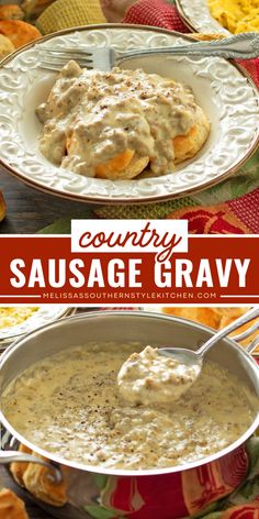 This Country Sausage Gravy is a thick and creamy country-style white gravy made with simple seasonings and pork sausage crumbles. It’s comfort food personified that can be served drizzled over biscuits for breakfast, brunch or supper any day of the week. Country Style Recipes, Breakfast Food Truck Ideas, How To Make Sausage Gravy, Biscuits And Gravy For A Crowd, Country Meals Southern Style, Pork Sausage Recipes Breakfast, Sausage Biscuits And Gravy, Biscuits For Breakfast