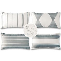 four pillows with different colors and designs on them, one in grey and the other in white