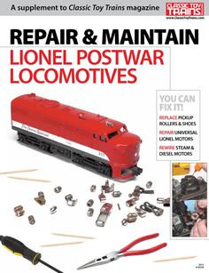 the cover of repair & maintain magazine features a train engine and various tools in front of it