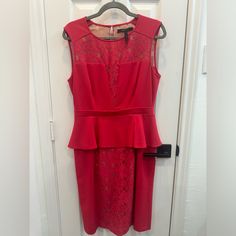 Red Lace Peplum Dress Size 10 Never Worn No Rips Or Tears Fully Lined Sleeveless Elegant Red Peplum Dress, Lace Peplum Dress, Torrid Red Lace Dress, Black Chiffon Dress, Lace Halter Dress, Lace Peplum, Lace Shift Dress, Bcbgmaxazria Dresses, Pleated Midi Dress