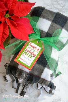 a black and white checkered blanket wrapped in green ribbon next to red poinsettis