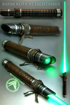 some lightsabers are glowing green and blue